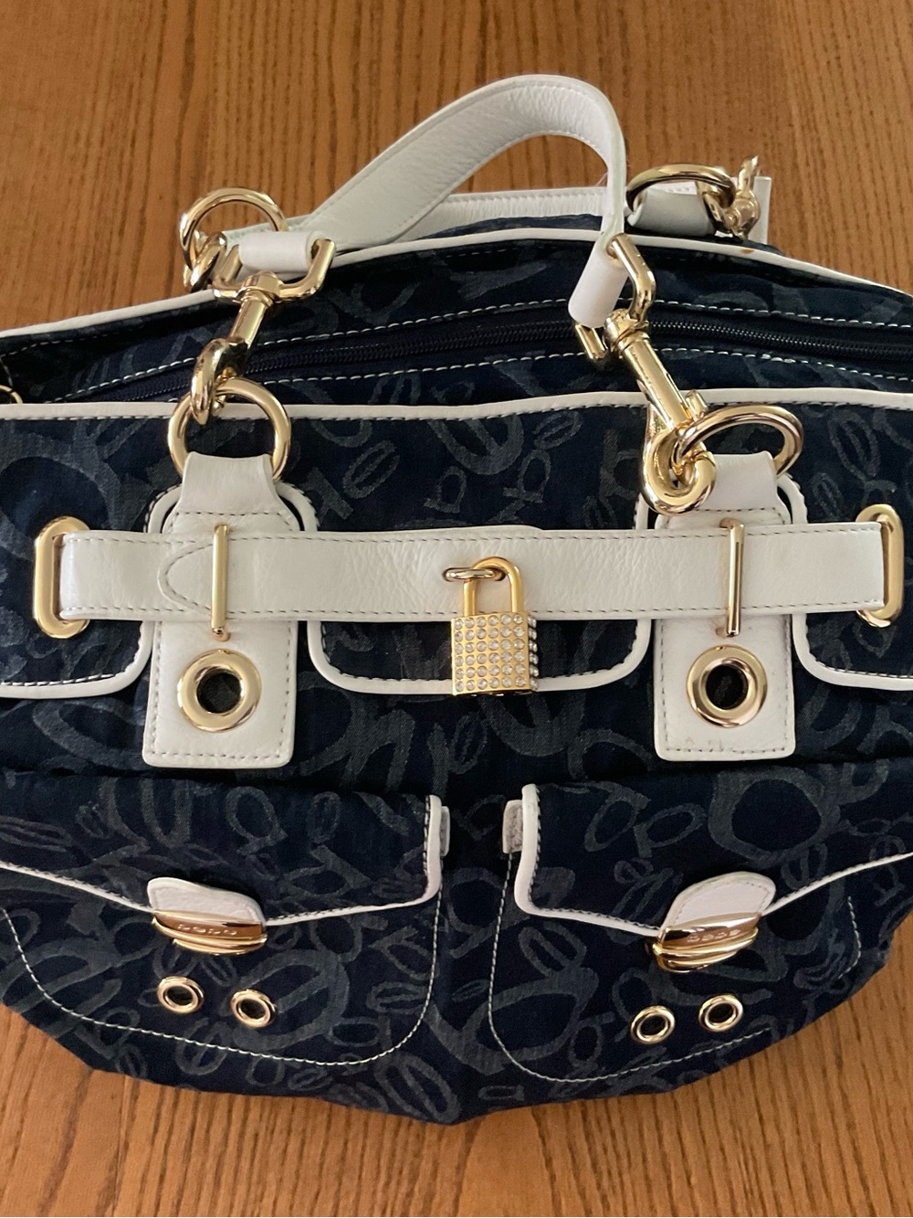 Bebe Navy Patterned Satchel with White Trim and Gold Hardware